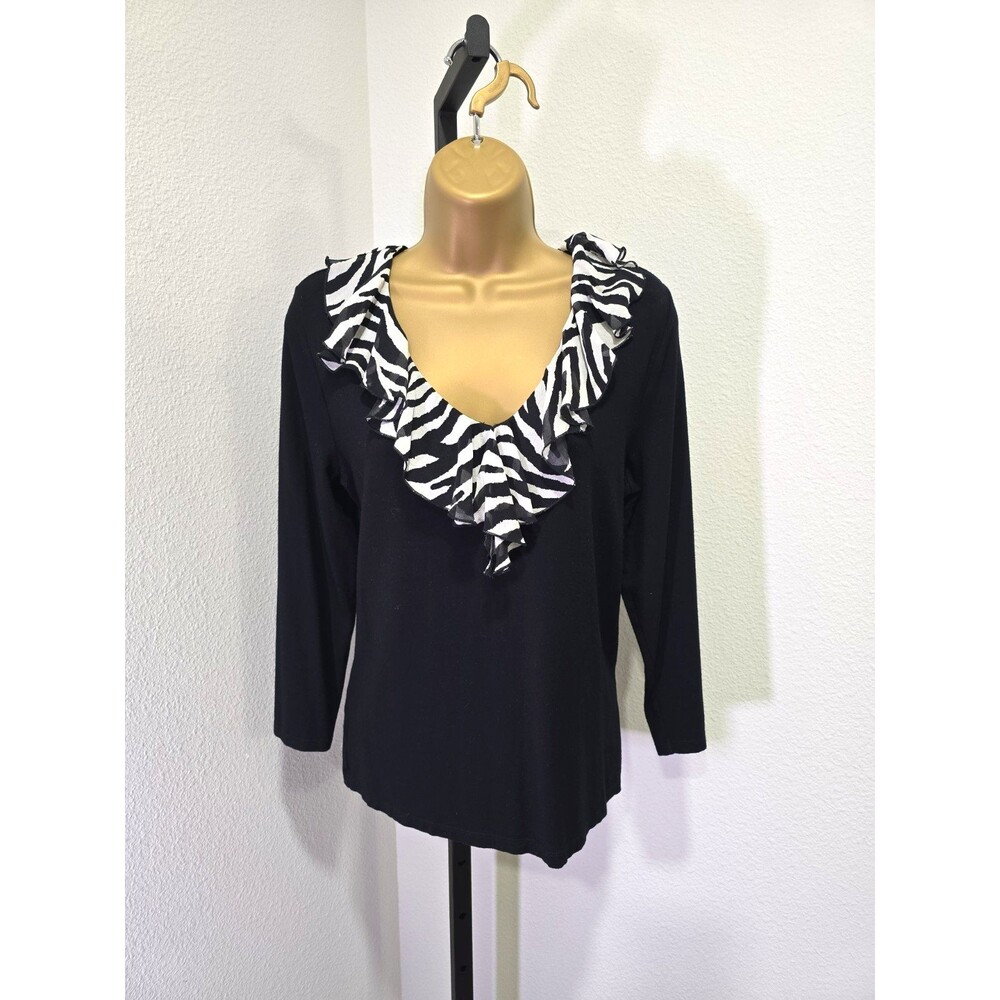 Lauren Ralph Lauren Knit Sweater L Black Animal Print Ruffle Collar Office Siren